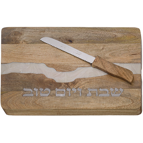 מגש חלה עץ מנגו טבעי עם אפוקסי + סכין