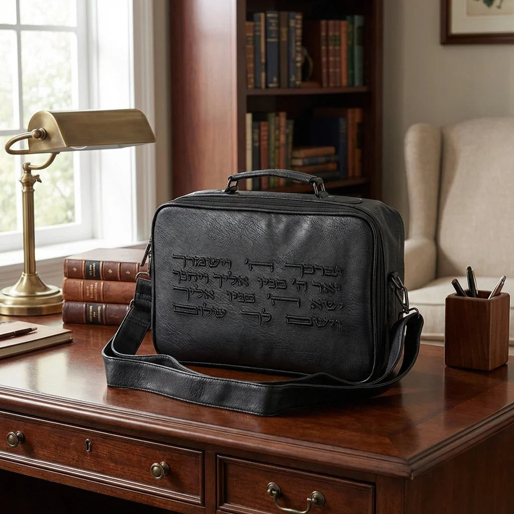 תיק תפילין דמוי עור שחור פיו מפואר עם רקמה