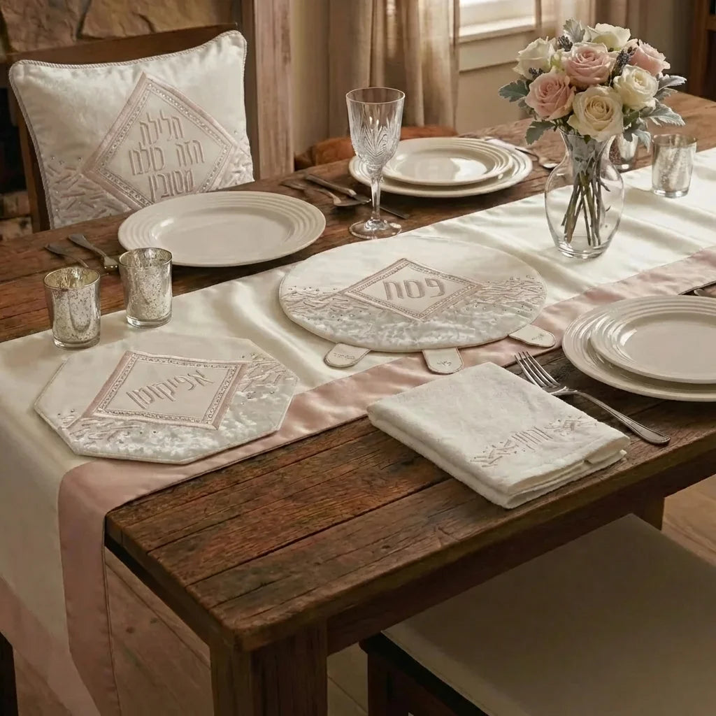 סט פסח מפואר 4 חלקים כיסוי פסח+אפיקומן+הסבה ומגבת אריזת פיויסי