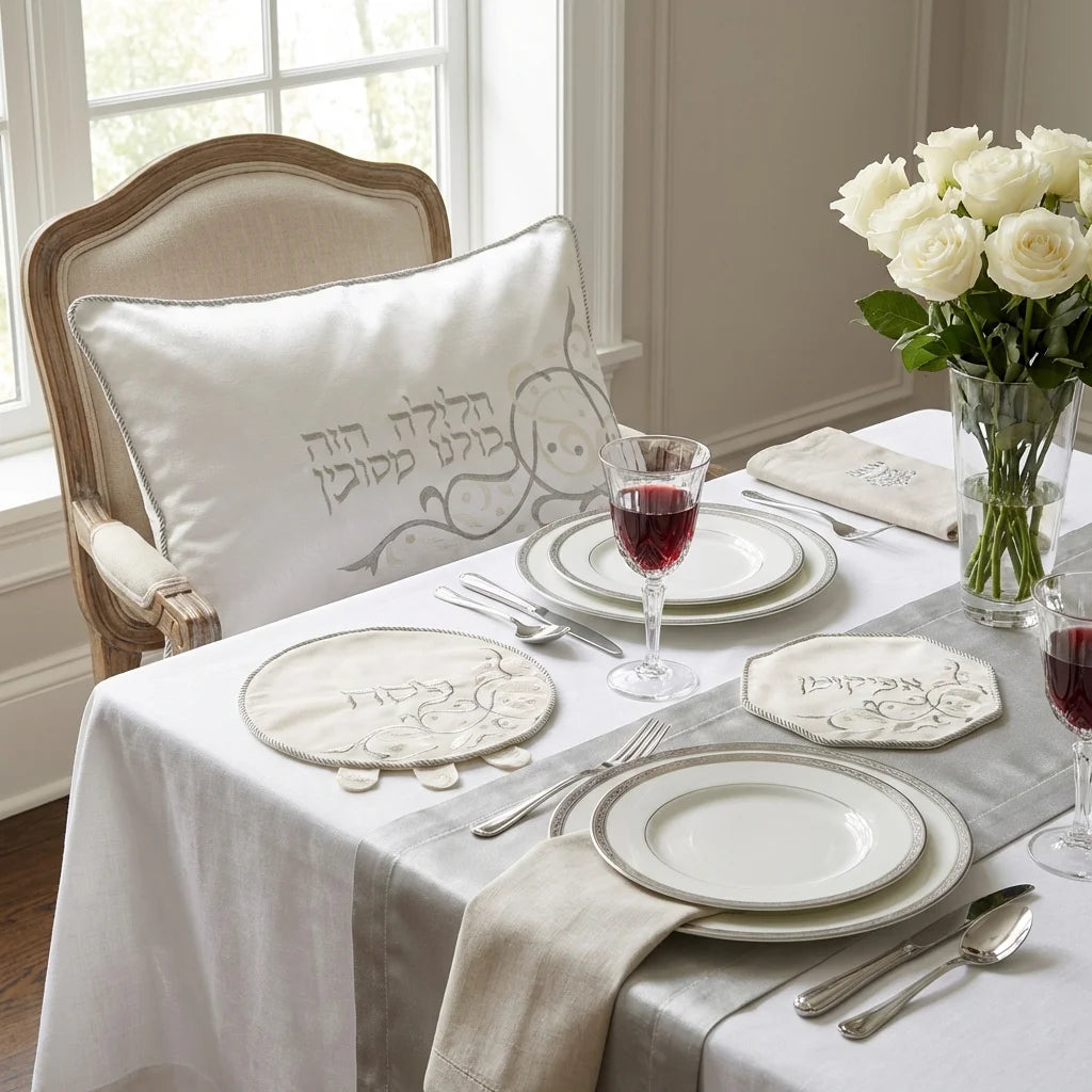 סט פסח ברוקט 4 חלקים הכולל כרית הסבה, כיסוי פסח, אפיקומן, מגבת אריזת פיויסי