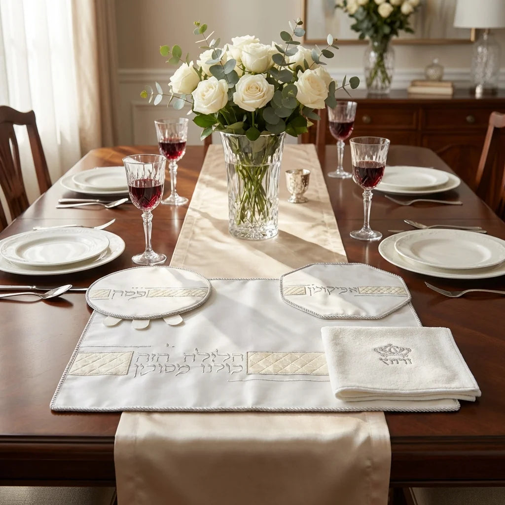 סט פסח ברוקט 4 חלקים הכולל כרית הסבה, כיסוי פסח, אפיקומן, מגבת אריזת פיויסי