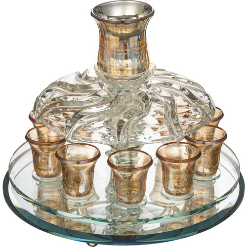 מחלק יין מסתובב קריסטל מהודר עם 10 כוסיות "זהב"