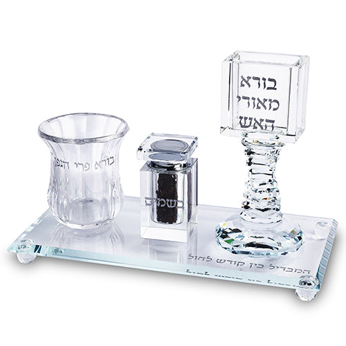 סט הבדלה מזכוכית שקופה עם מגש מלבני תואם